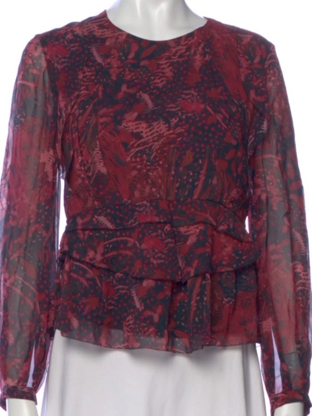 IRO Red and Black Printed Peplum Blouse Sz 38
